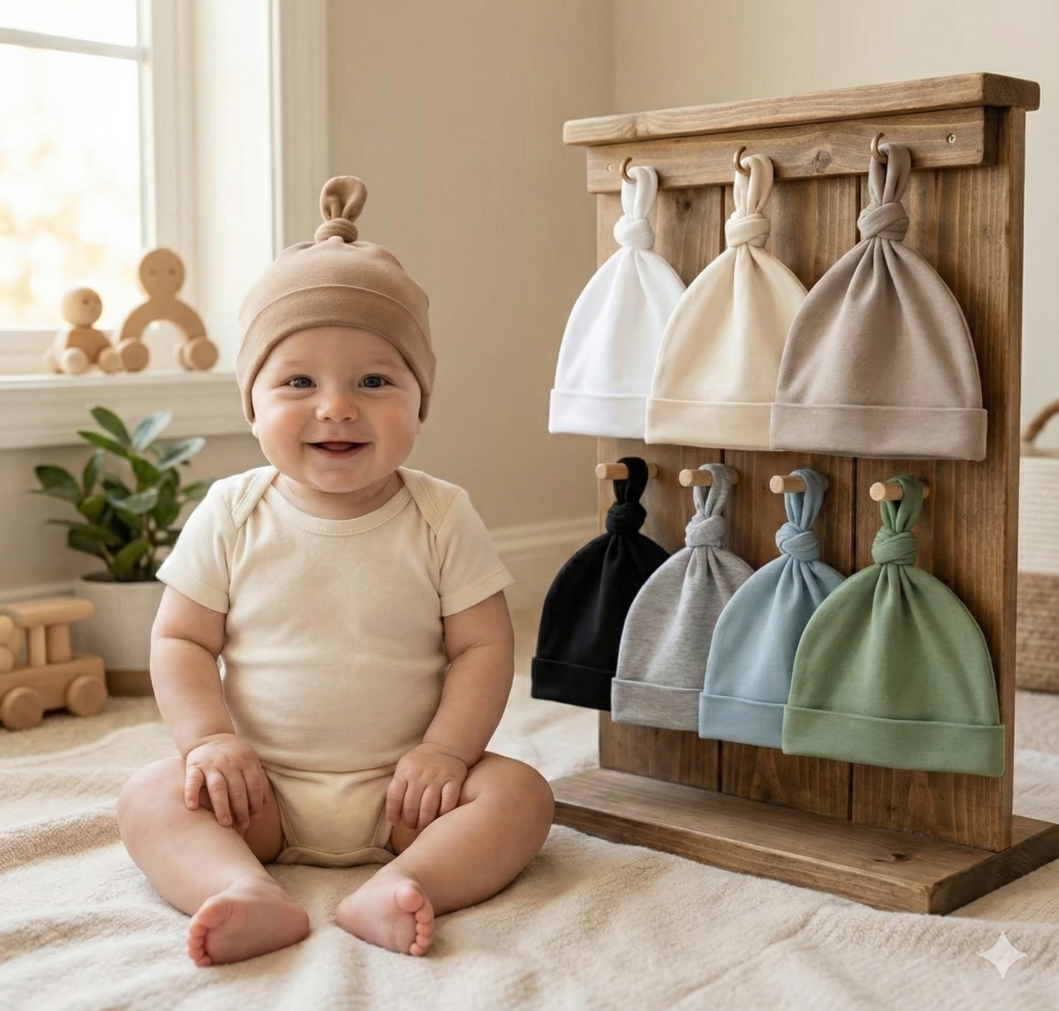 Set of 8 hats for babies 0-6 months.