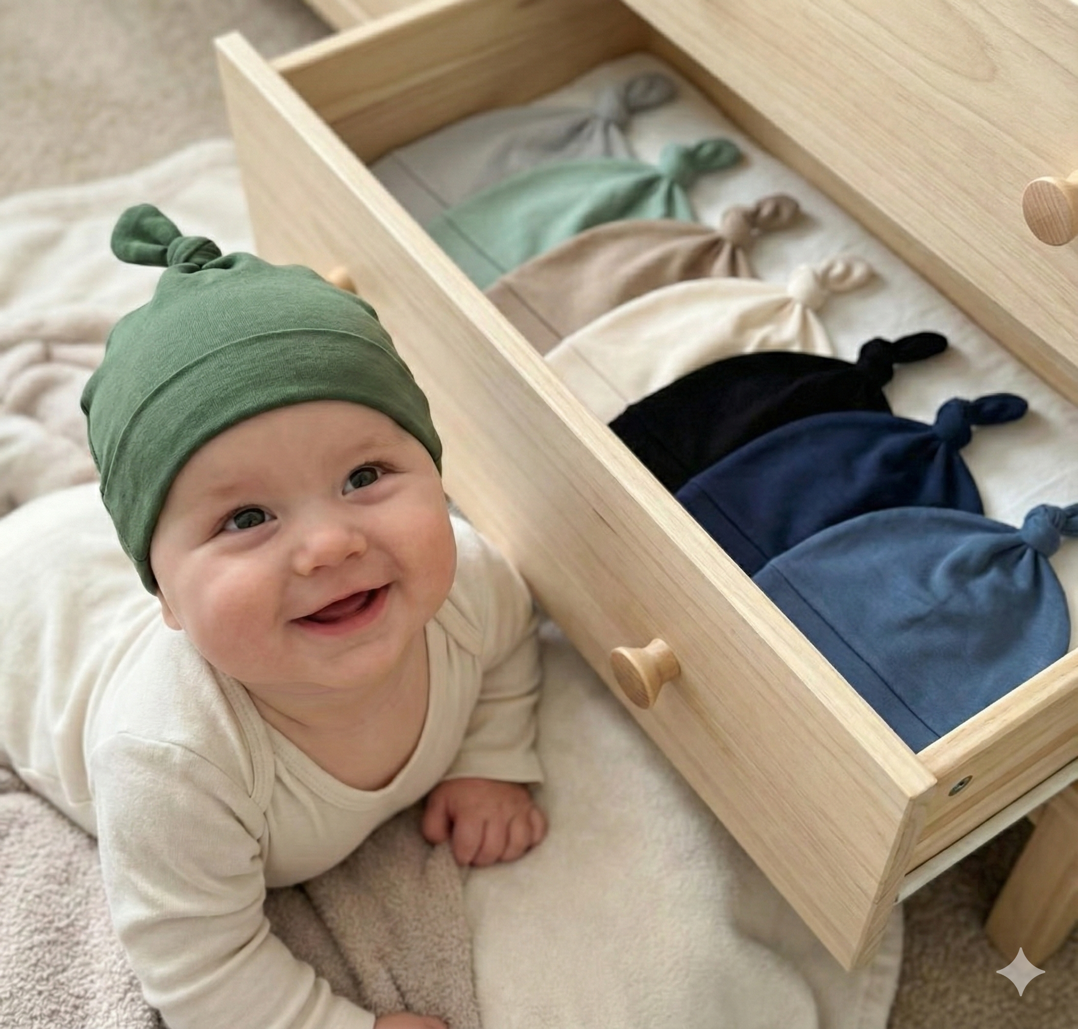 Set of 8 hats for babies 0-6 months.