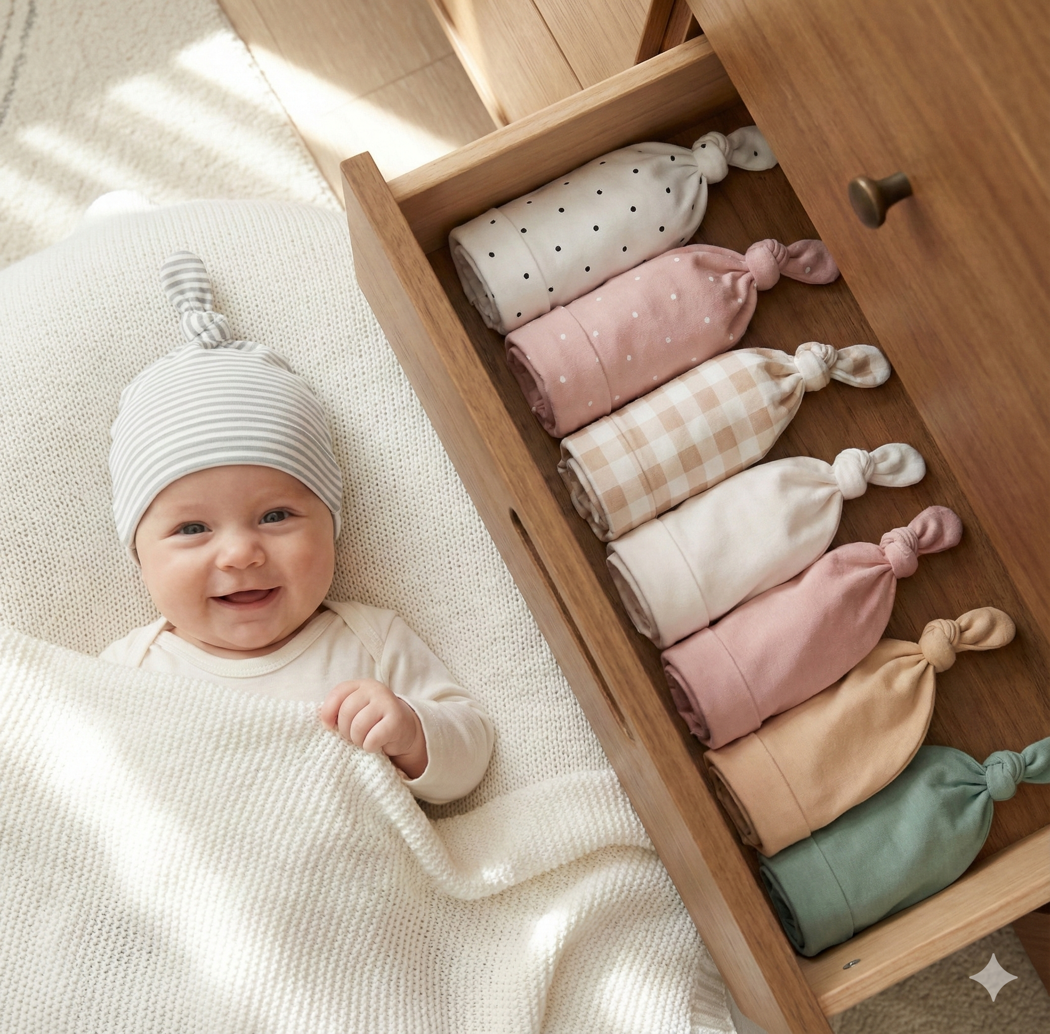 Set of 8 hats for babies 0-6 months.