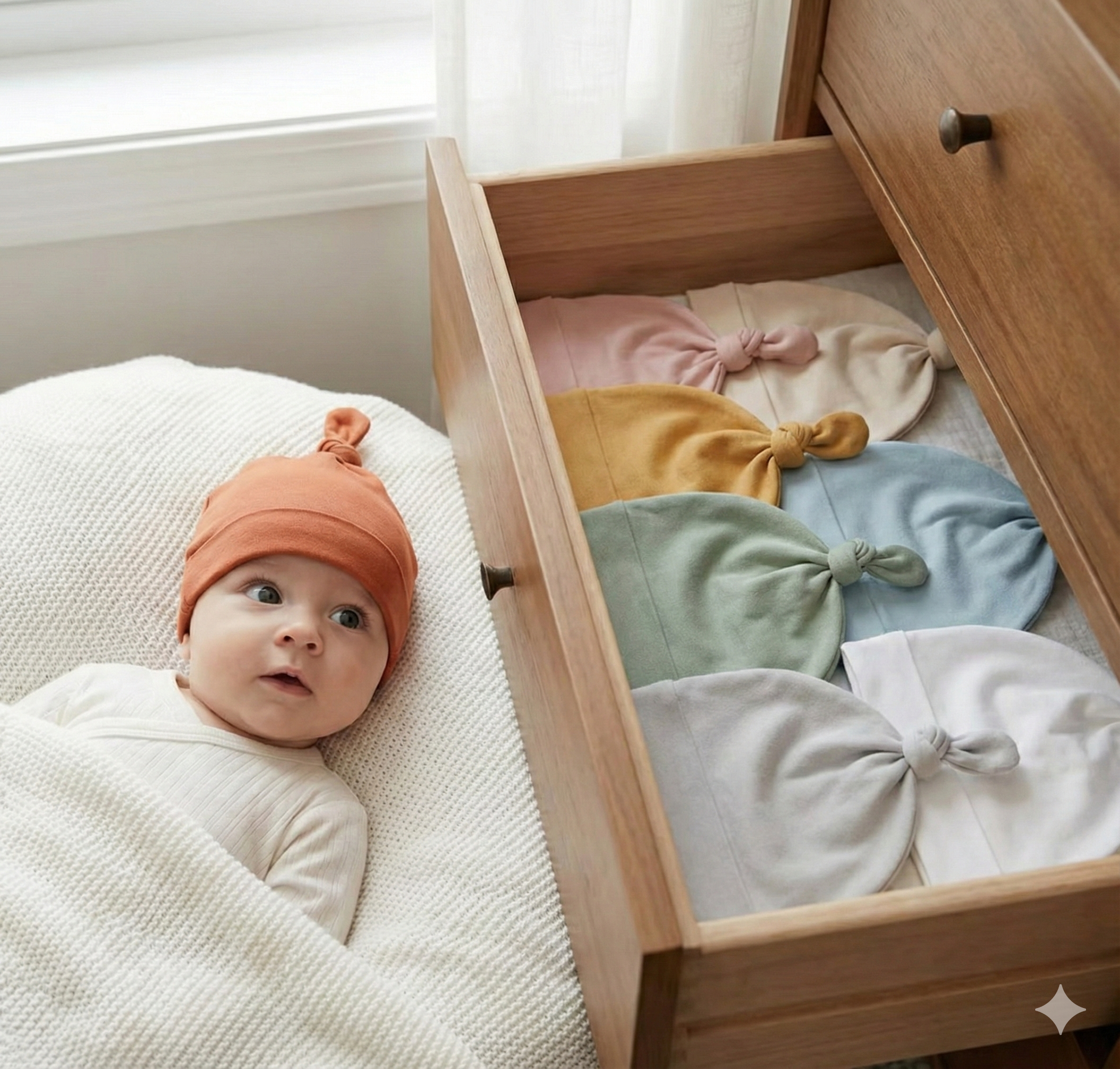 Set of 8 hats for babies 0-6 months.