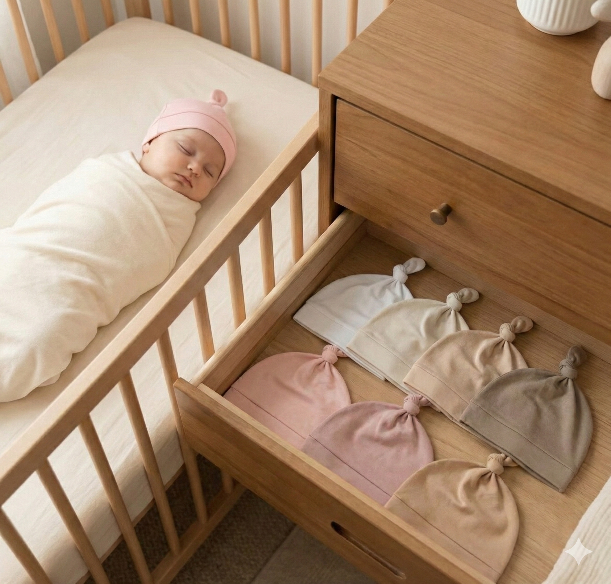 Set of 8 hats for babies 0-6 months.