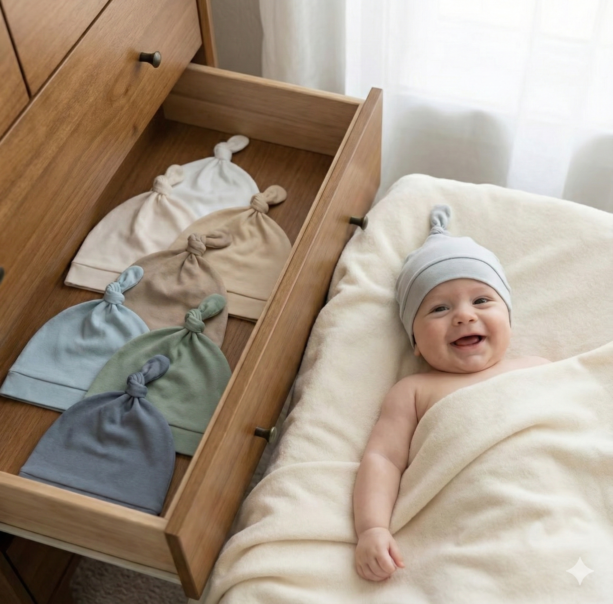 Set of 8 hats for babies 0-6 months.
